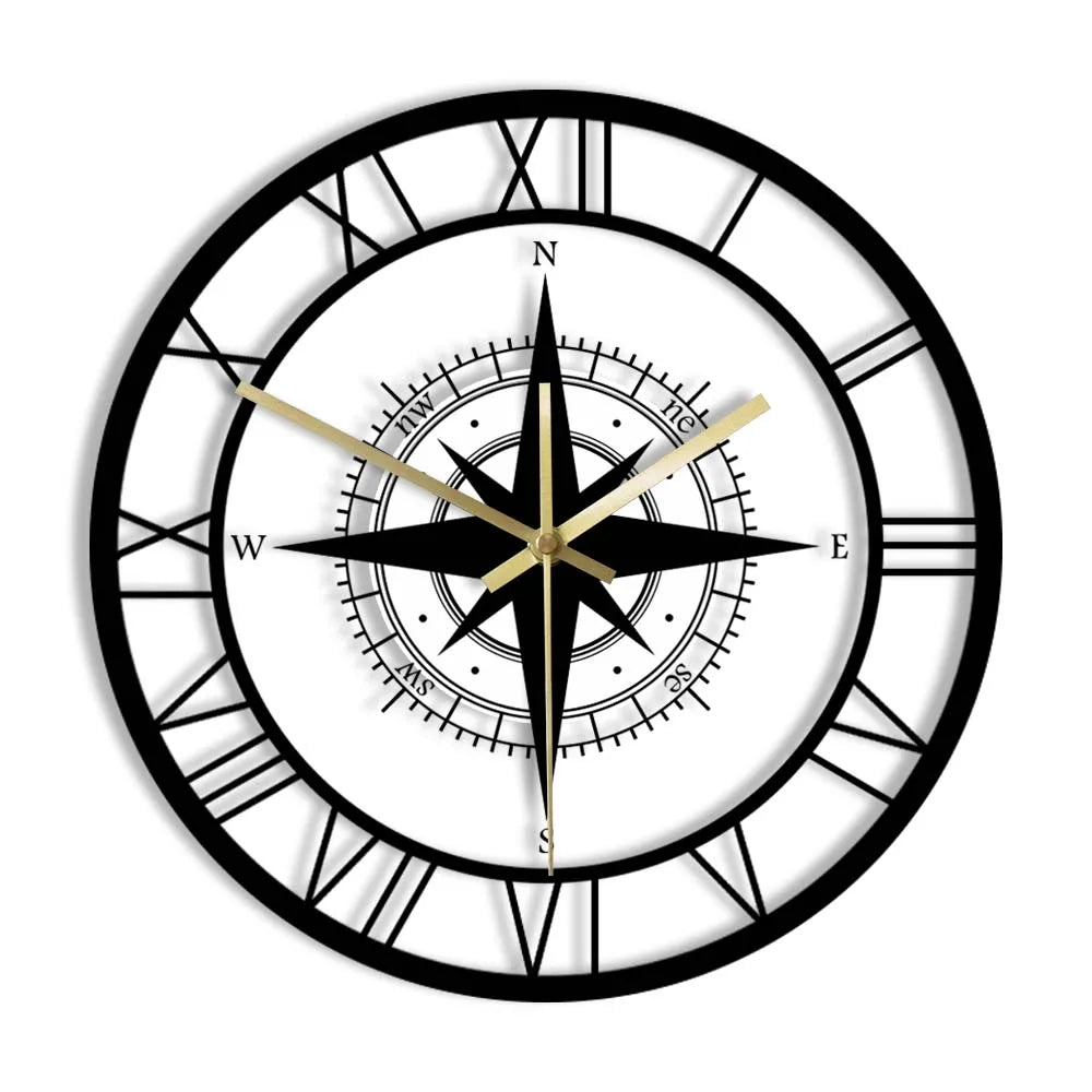 ROMAN NUMERAL COMPASS WALL CLOCK