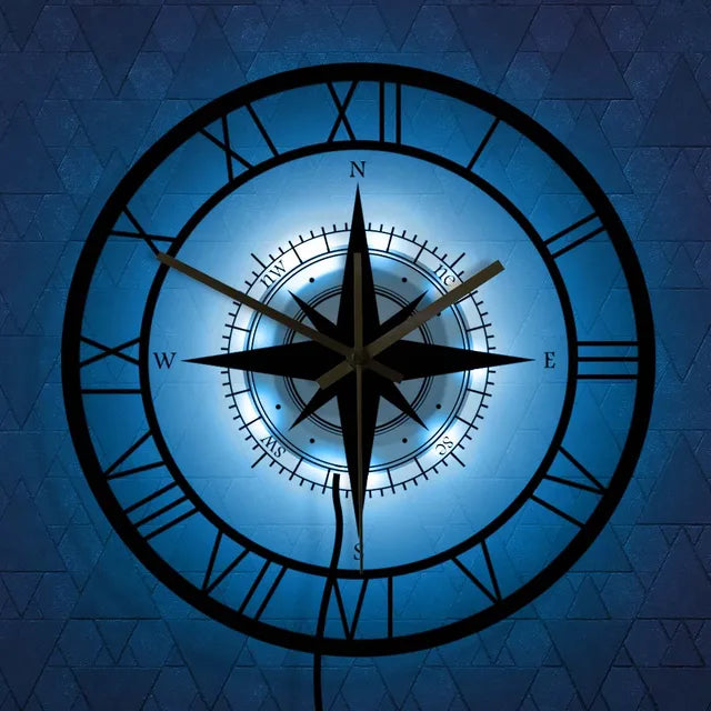 ROMAN NUMERAL COMPASS WALL CLOCK