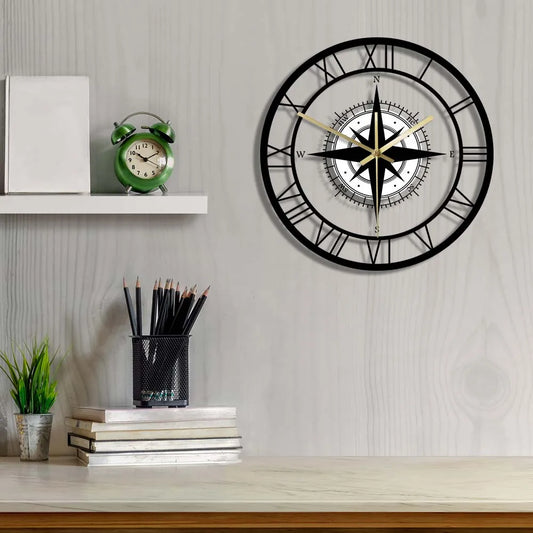 ROMAN NUMERAL COMPASS WALL CLOCK